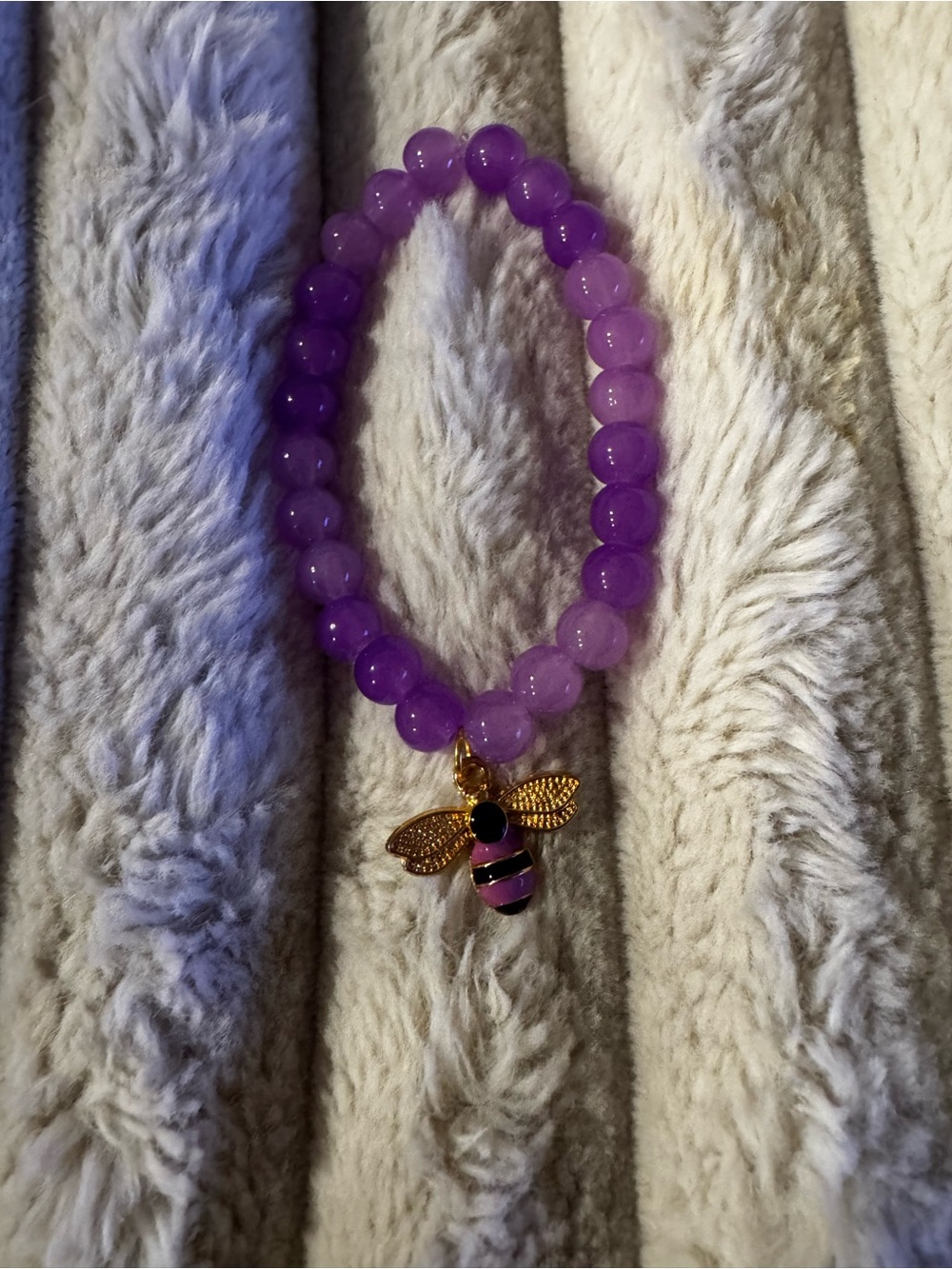 Purple Beaded Bracelet with Gold Bee Charm